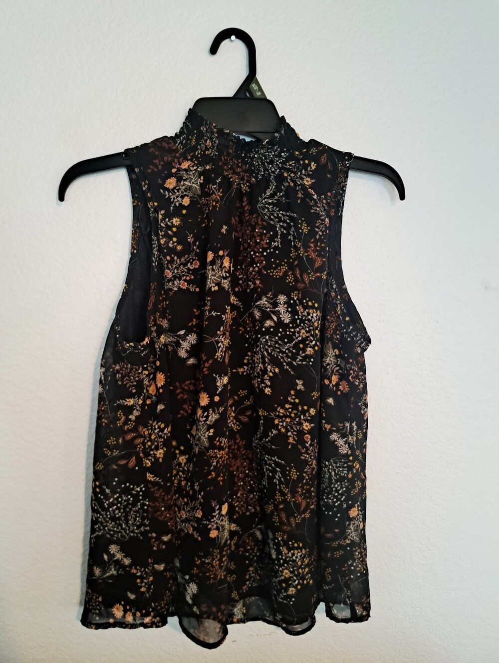 Sleeveless Black Floral Mock-Neck Blouse